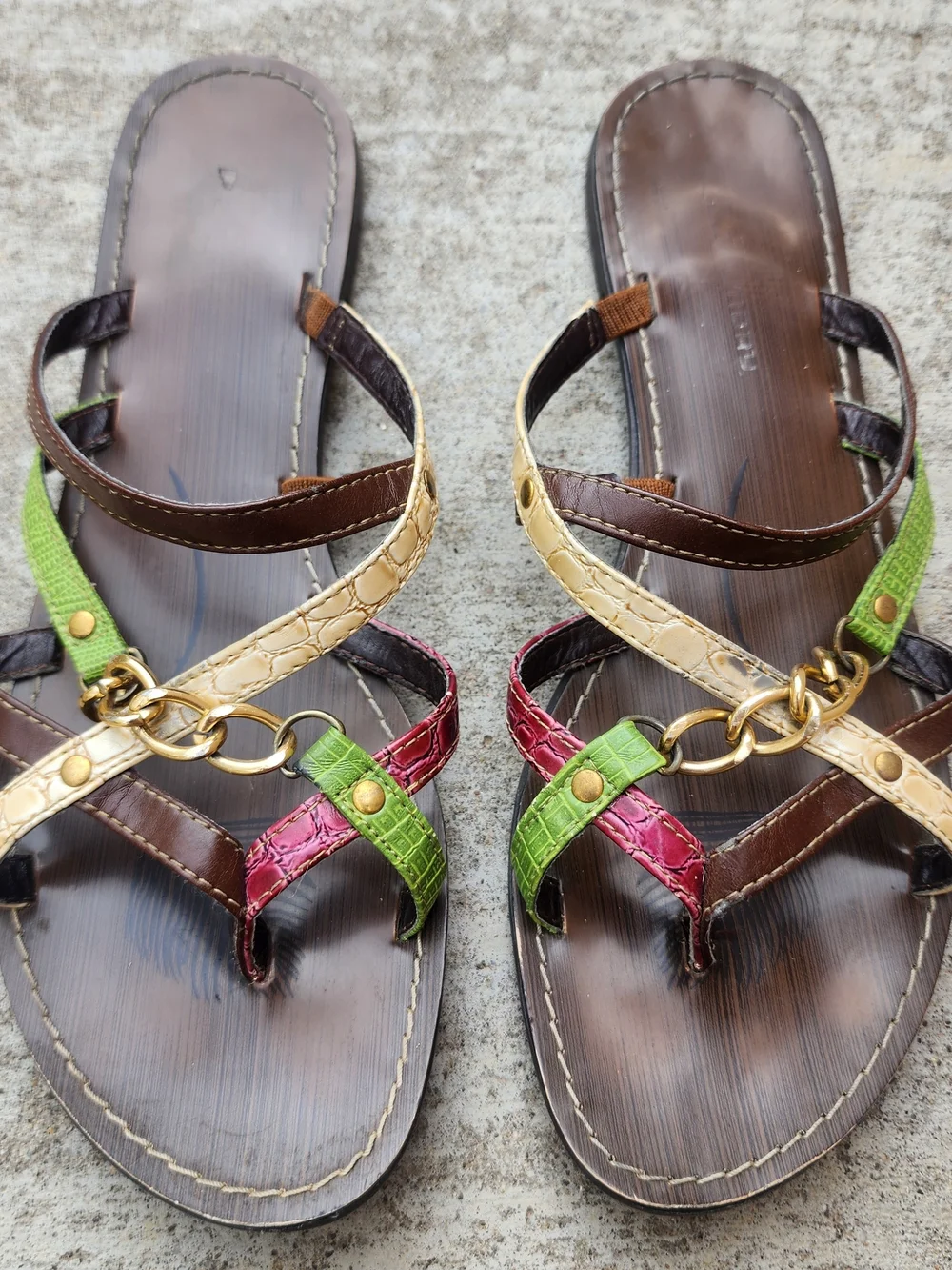 Y2K Brown Sandals with Green, Pink, Beige Straps and gold chain detail, Fits Sz